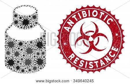 Coronavirus Mosaic Vial Icon And Round Rubber Stamp Seal With Antibiotic Resistance Caption. Mosaic 