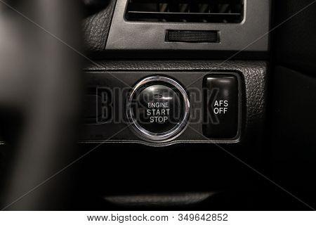 Novosibirsk, Russia - December 29, 2019:  Toyota Markx, Car Engine Push Start Stop Button Ignition R