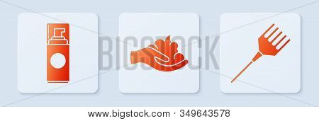Set Shaving Gel Foam On Hand, Shaving Gel Foam And Hairbrush. White Square Button. Vector