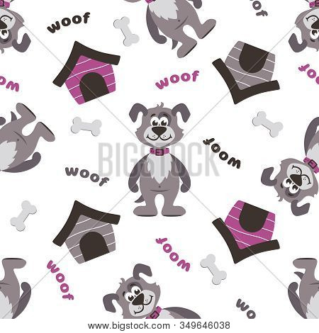 A Seamless Pattern With Dogs, Dog Houses, Bones And The Words 