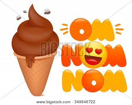 Om Nom Nom Comic Cartoon Card. Icecream Cone With Poop. Vector Illustration
