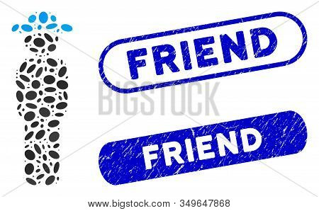 Mosaic Gentleman Standing And Corroded Stamp Seals With Friend Phrase. Mosaic Vector Gentleman Stand