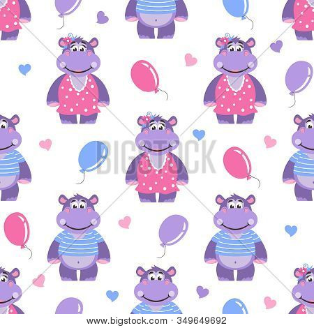Seamless Pattern With Hippopotami, Hearts And Balls. Cartoon Background. Vector Illustration.