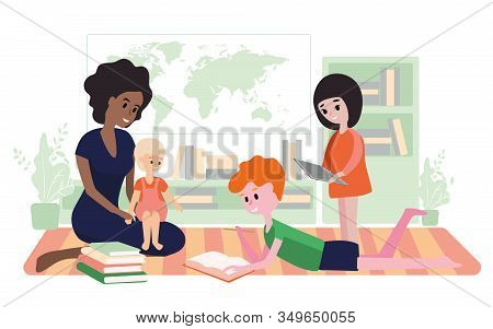 Education Apps. Home Schooling.  Classes With Children Of Different Ages. Mom Does Homework With Her