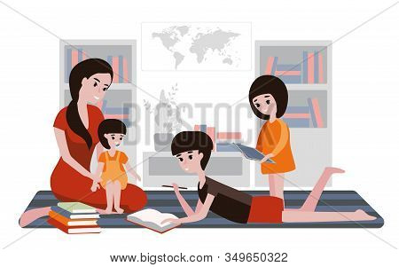 Education Apps. Home Schooling.  Classes With Children Of Different Ages. Mom Does Homework With Her