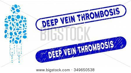 Mosaic Man Crutches And Corroded Stamp Seals With Deep Vein Thrombosis Text. Mosaic Vector Man Crutc