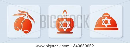 Set Burning Candle In Candlestick With Star Of David, Olives Branch And Jewish Kippah With Star Of D