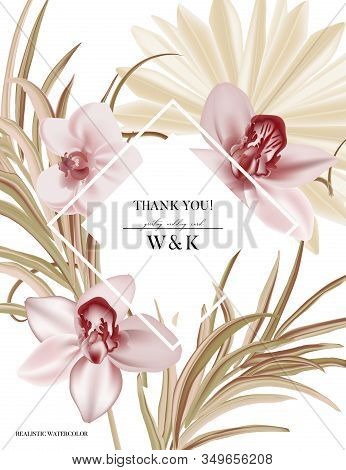 Orchid Wedding Invitation, Floral Invite Green Pampas Grass, Tropical Palm Leaf, Pink Flower Bloom D