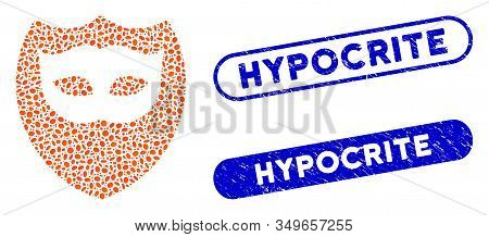 Mosaic Mask Shield And Grunge Stamp Watermarks With Hypocrite Text. Mosaic Vector Mask Shield Is Com