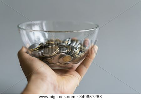 Coins In A Piggy Bank Vase. Saving Money In Jar With American Dollors , Cash. Concept Of Accumulatin