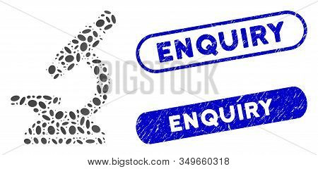 Collage Microscope And Distressed Stamp Seals With Enquiry Phrase. Mosaic Vector Microscope Is Creat