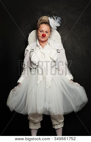 Сlown. Performance Actress At Work, White Clown Character