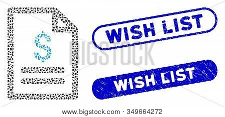 Collage Price List And Distressed Stamp Seals With Wish List Text. Mosaic Vector Price List Is Forme