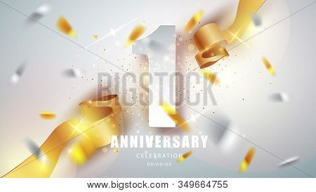 Anniversary Premium Emblem With Golden Confetti. Celebration 1th Anniversary Event Party Template.