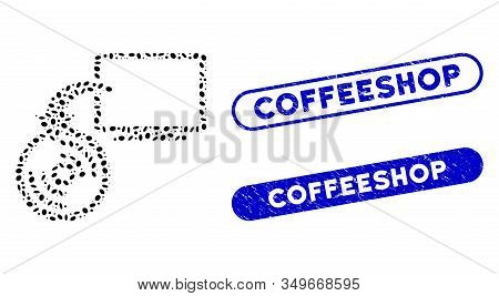 Mosaic Backup And Rubber Stamp Seals With Coffeeshop Text. Mosaic Vector Backup Is Formed With Rando