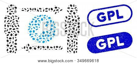 Mosaic Persons Tools Exchange And Grunge Stamp Seals With Gpl Caption. Mosaic Vector Persons Tools E