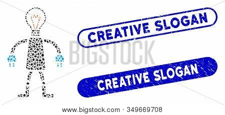 Collage Lamp Head Robot And Distressed Stamp Seals With Creative Slogan Phrase. Mosaic Vector Lamp H