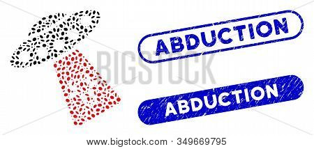 Mosaic Cow Abduction And Grunge Stamp Seals With Abduction Phrase. Mosaic Vector Cow Abduction Is De