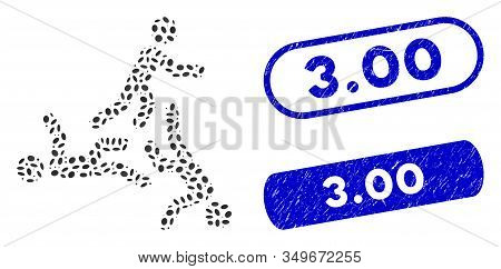 Mosaic Three Moving Men And Rubber Stamp Seals With 3.00 Phrase. Mosaic Vector Three Moving Men Is C