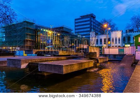 Water Fountain Artwork By Joop Beljon During The Evening, Willemsplein, City Architecture Of Tilburg