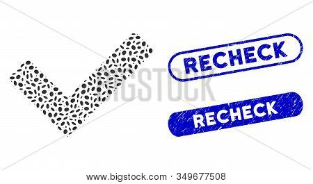 Mosaic Ok And Corroded Stamp Seals With Recheck Text. Mosaic Vector Ok Is Composed With Random Ellip