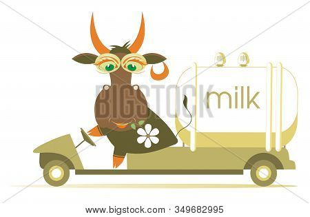 Funny Cow Drives A Milk Tanker Illustration. Cartoon Comic Cow With A Flower In Its Mouth Drives A M