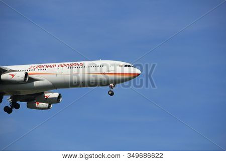 Amsterdam The Netherlands - April, 19th 2018: Pz-tcr Surinam Airways Airbus A340-300 On Final Approa