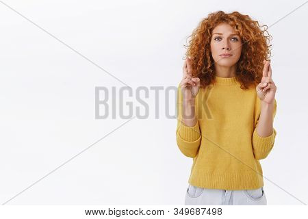 Nervous Cute Silly Redhead Caucasian Female With Curly Hair, Bite Lip And Stare Camera Hopeful, Cros