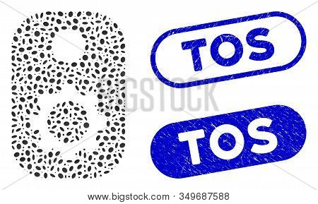 Mosaic Gear Tag And Corroded Stamp Seals With Tos Caption. Mosaic Vector Gear Tag Is Created With Sc