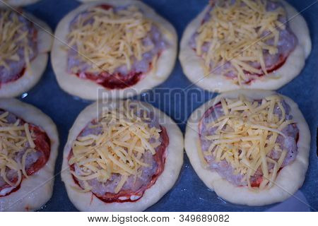 Raw Homemade Pizza With Meat. Raw Pastry. Semiproduct