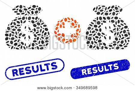 Collage Add Money Bags And Grunge Stamp Seals With Results Caption. Mosaic Vector Add Money Bags Is 