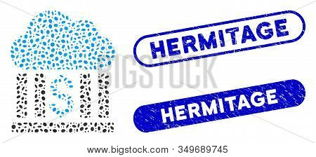 Mosaic Cloud Bank And Grunge Stamp Seals With Hermitage Text. Mosaic Vector Cloud Bank Is Composed W