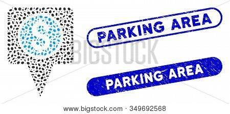 Mosaic Money Map Marker And Corroded Stamp Seals With Parking Area Caption. Mosaic Vector Money Map 
