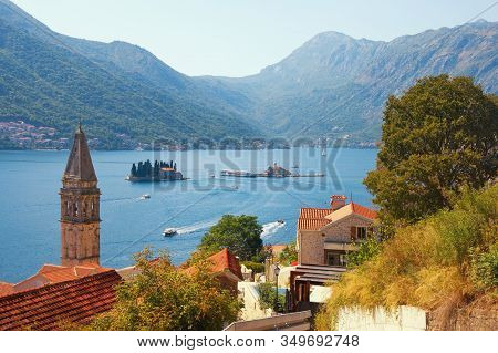 Beautiful Mediterranean Landscape. Montenegro, Adriatic Sea, Bay Of Kotor. View Of Perast Town: Red 