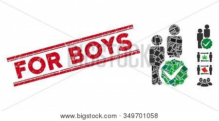 Mosaic Men Only Pictogram And Red For Boys Seal Between Double Parallel Lines. Flat Vector Men Only 