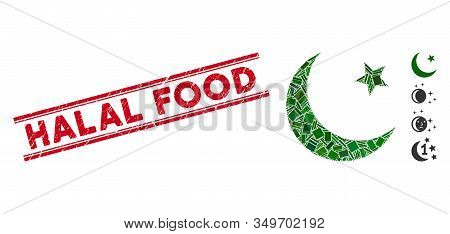 Mosaic Muslim Moon Icon And Red Halal Food Seal Stamp Between Double Parallel Lines. Flat Vector Mus