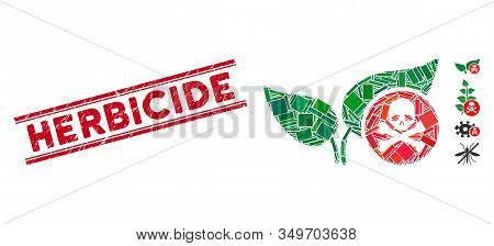 Mosaic Herbicide Pictogram And Red Herbicide Seal Stamp Between Double Parallel Lines. Flat Vector H
