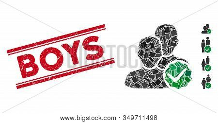 Mosaic Boys Only Pictogram And Red Boys Seal Stamp Between Double Parallel Lines. Flat Vector Boys O