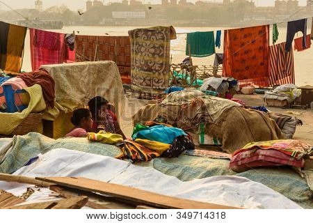 Kolkata, India - March 11, 2019: Laundry Hanging To Dry At Mallick Ghat On Hooghly Or Ganga River Ba
