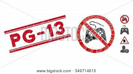 Mosaic No Gamepad Icon And Red Pg-13 Watermark Between Double Parallel Lines. Flat Vector No Gamepad