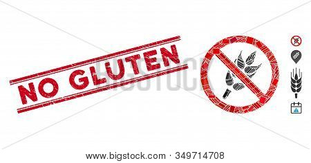 Mosaic No Gluten Icon And Red No Gluten Seal Stamp Between Double Parallel Lines. Flat Vector No Glu