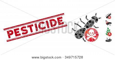Mosaic Pesticide Icon And Red Pesticide Stamp Between Double Parallel Lines. Flat Vector Pesticide M