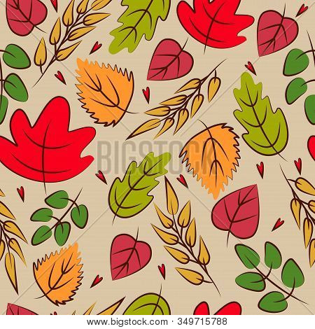Autumn Bright Leaves On Beige Background Vector Seamless Pattern