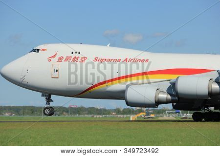 Amsterdam The Netherlands - May 3rd 2018: B-1340 Suparna Airlines Boeing 747-400f Takeoff From Polde