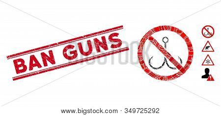 Mosaic No Fishing Pictogram And Red Ban Guns Seal Stamp Between Double Parallel Lines. Flat Vector N