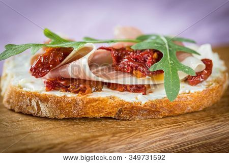 Bruschetta With Tomato And Basil, Bruscetta With Salmon And Eggs, Bruscetta With Prosceutto And Ruco