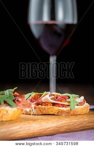 Bruschetta With Tomato And Basil, Bruscetta With Salmon And Eggs, Bruscetta With Prosceutto And Ruco