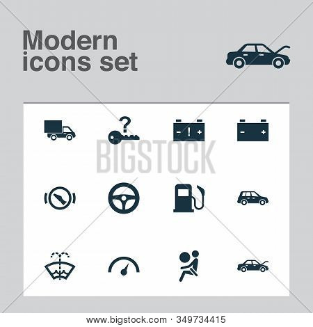 Automobile Icons Set With Caution, Fuel, Van And Other Fixing Elements. Isolated Vector Illustration