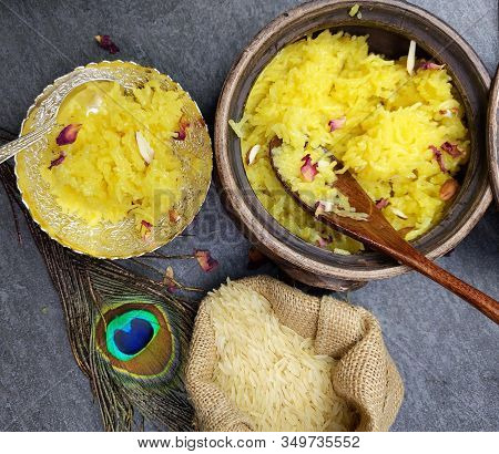 Top Down View Of Zarda Pulao Or Sweet Rice Or Meethe Chawal