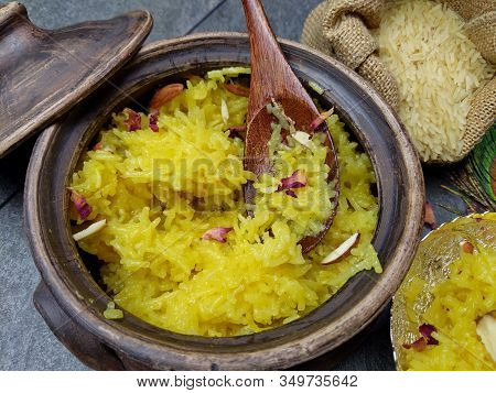 Top Down View Of Zarda Pulao Or Sweet Rice Or Meethe Chawal